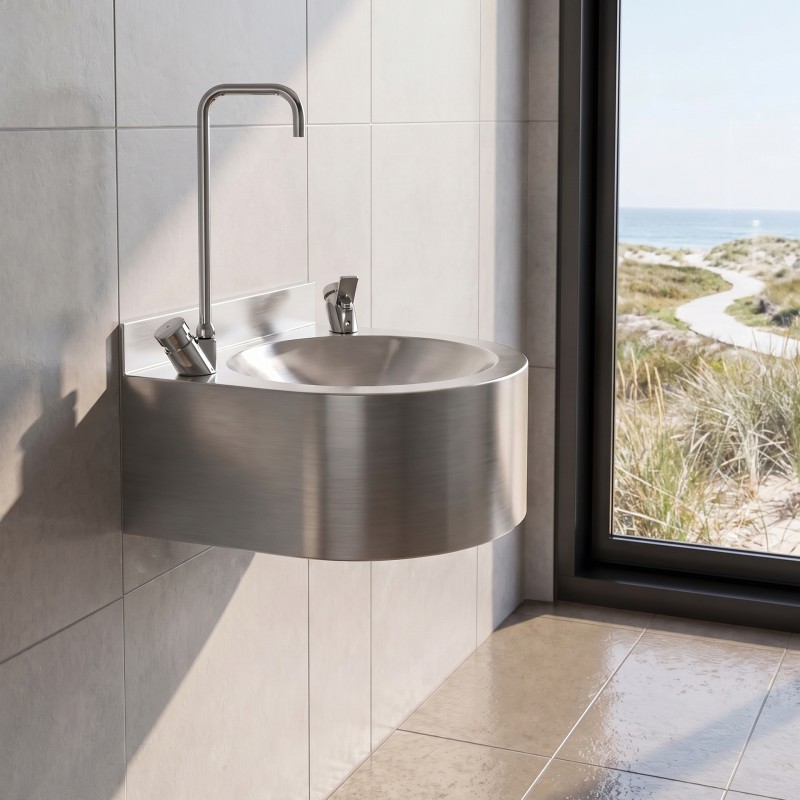 Fontaine murale inox 316 qualité marine avec rince-bouche et bec haut pour remplissage de bouteille, pour piscine, bord de mer
