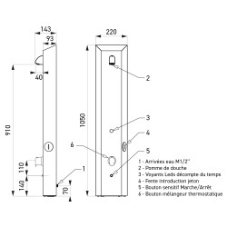 Plan coté de la colonne de douche : 1050 x 220 mm, vue de profil et repères numérotés Plan coté de la colonne de douche : 1050 x 220 mm, vue de profil et repères numérotés