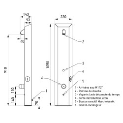 Schéma coté du panneau : hauteur 1050 mm, largeur 220 mm, profondeur 70 mm, pomme à 910 mm