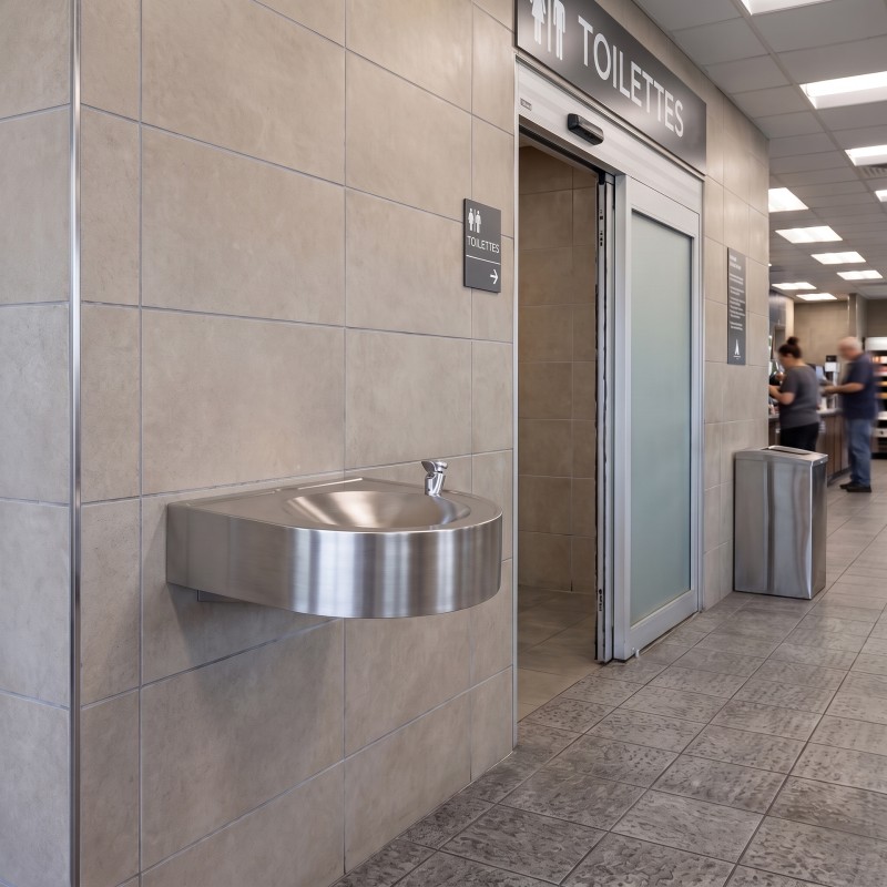 Wall-mounted stainless steel accessible drinking fountain for intensive use in public places Wall-mounted stainless steel accessible drinking fountain for intensive use in public places