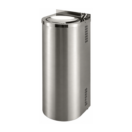 Mains-fed water fountain in brushed stainless steel, semi-column, floor-standing