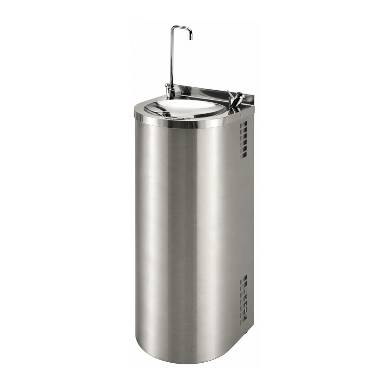 Stainless steel pedestal drinking fountain with bubbler tap and swan-neck spout Stainless steel pedestal drinking fountain with bubbler tap and swan-neck spout
