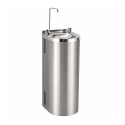 Floor-mounted stainless steel drinking fountain with second gooseneck spout for filling bottles and carafes Floor-mounted stainless steel drinking fountain with second gooseneck spout for filling bottles and carafes