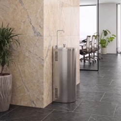Semi-column stainless steel drinking fountain with second swan-neck tap for filling bottles and flasks Semi-column stainless steel drinking fountain with second swan-neck tap for filling bottles and flasks