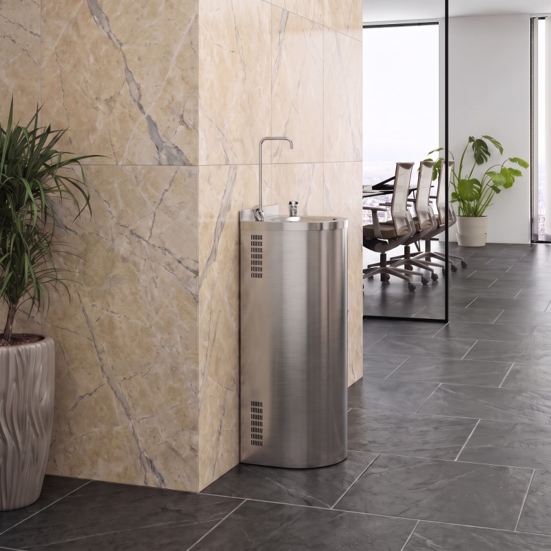 Semi-column stainless steel drinking fountain with second swan-neck tap for filling bottles and flasks Semi-column stainless steel drinking fountain with second swan-neck tap for filling bottles and flasks