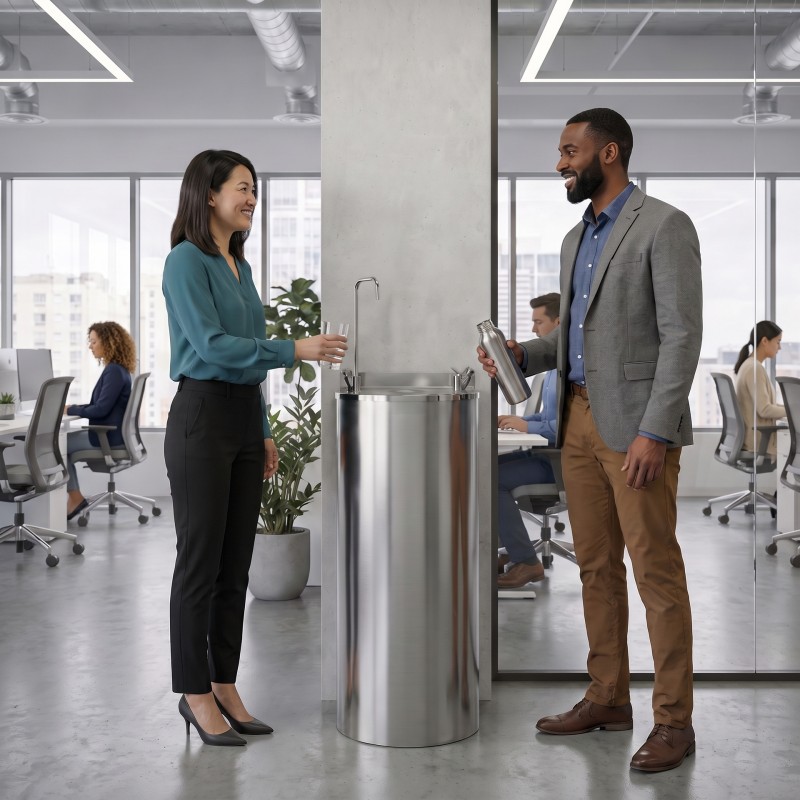 Stainless steel floor-standing chilled water fountain for communal spaces