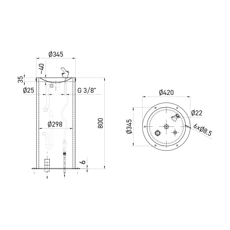 Dimensions fontaine colonne inox sur pied : hauteur 800 mm, vasque Ø345, embase Ø420 Dimensions fontaine colonne inox sur pied : hauteur 800 mm, vasque Ø345, embase Ø420