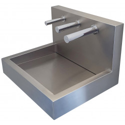 Miniature-2 Lavabo inox design avec dosseret haut pour robinet mural, distributeur de savon ou gel et sèche-mains intégrés L-114-D