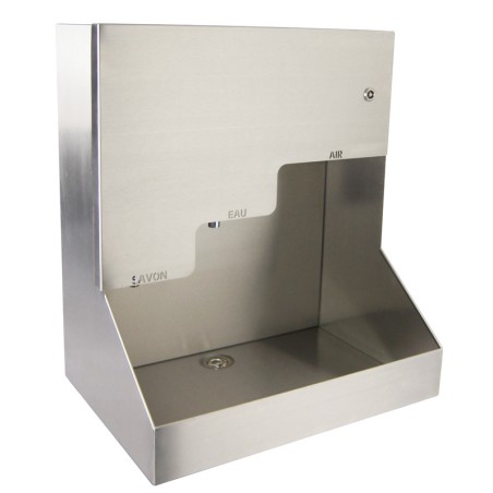 Lavabo automático de pared de acero inoxidable con jabón, agua y aire 3 en 1, robusto para colectividades