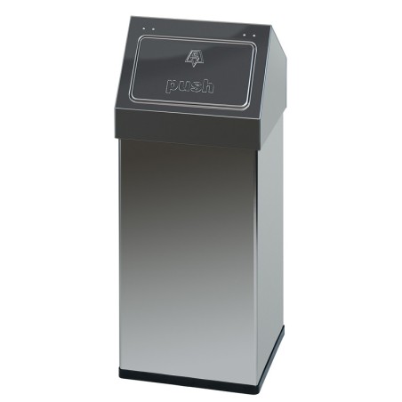 Stainless steel push-flap waste bin for public spaces