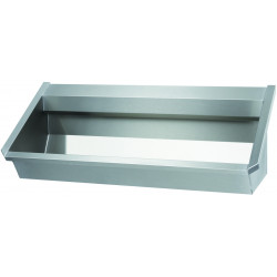 Professional stainless steel communal sink with backsplash for integrated wall-mounted fixtures.
