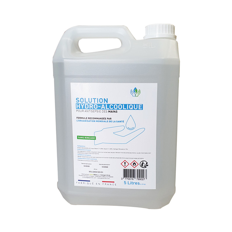 Photo Solution hydro-alcoolique bidon de 5L fabriquée en France HY-8301