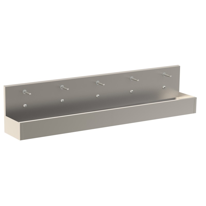 Lavabo colectivo mural de acero inoxidable con 5 grifos electrónicos integrados en el mueble