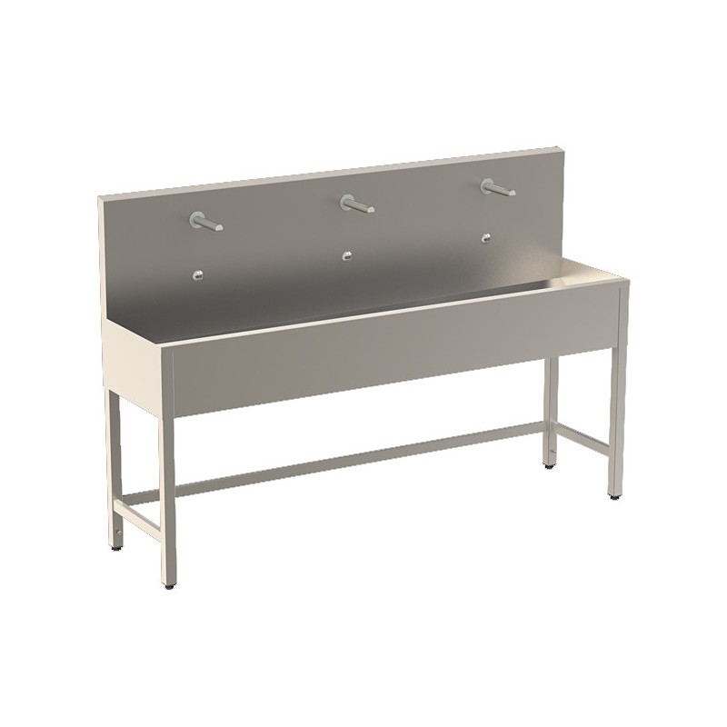 Lave-mains collectif autoportant sur pieds 3 places avec robinets à détection