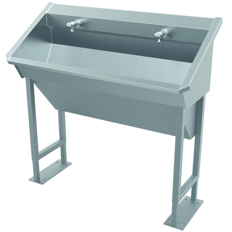 Lavabo collectif double postes inox sur pieds avec option jupe cache-siphon Lavabo collectif double postes inox sur pieds avec option jupe cache-siphon