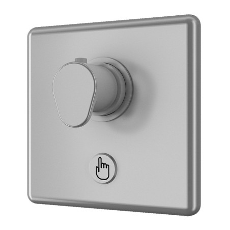 Robinet thermostatique encastré de douche vu de trois quarts, manette et bouton piezo tactile