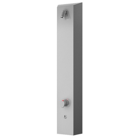 Panneau vertical inox : pomme fixe, manette thermostatique à repère rouge et piézo