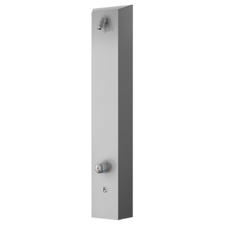 Colonne de douche murale inox vue de trois quarts avec pommeau fixe et bouton poussoir