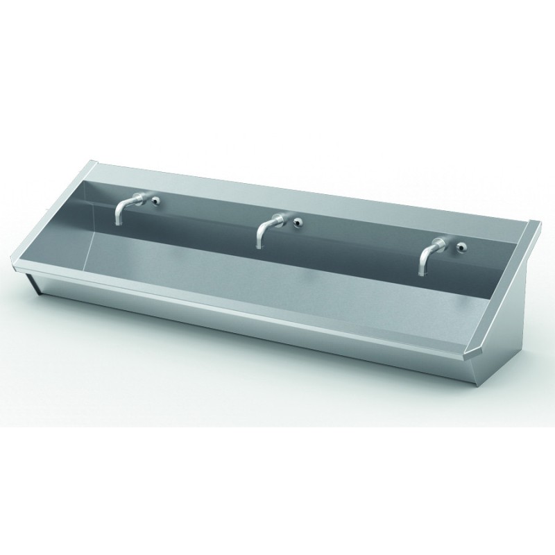 Wall-mounted stainless steel 3-seat sink with integrated electronic faucets