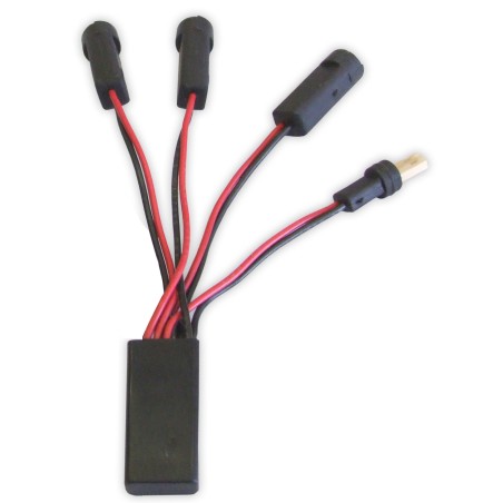 Close-up of the black splitter, three outputs including a flat connector and one input