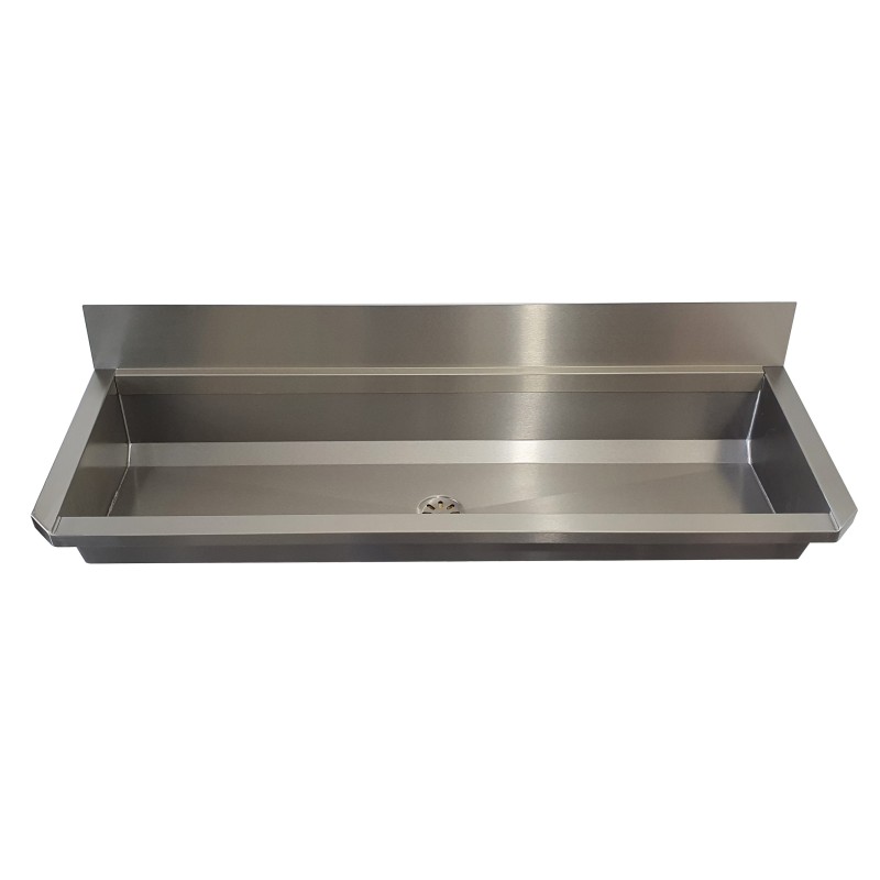 Large wall-mounted stainless steel community washbasin with backsplash