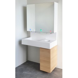 Washbasin with mirror module for a complete hand washing and disinfection cycle