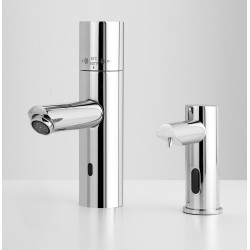 Miniature-1 AKWATHERMO thermostatic washbasin faucet with infrared detection and matching soap dispenser RES-220