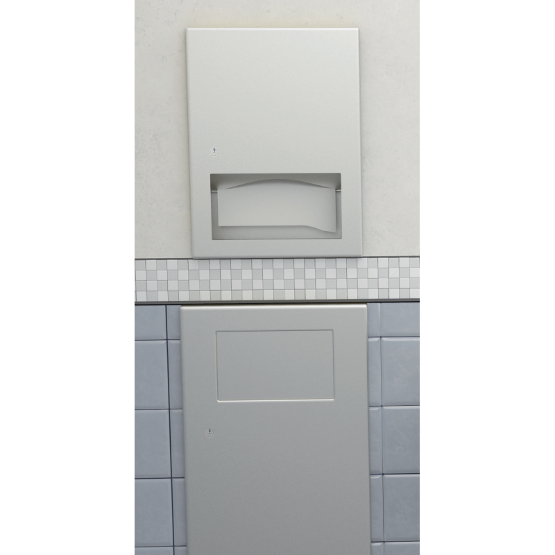 Recessed paper towel dispenser in brushed stainless steel