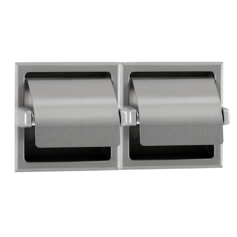 Double stainless steel toilet roll holder with brushed finish.