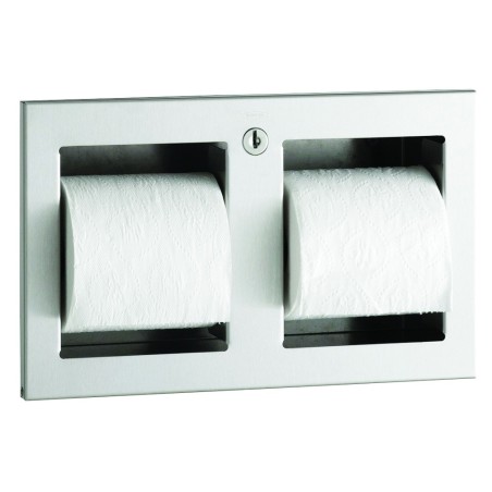 Recessed double roll stainless steel toilet paper dispenser, vandal proof