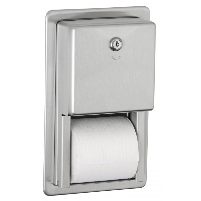 Recessed double toilet paper roll dispenser in stainless steel