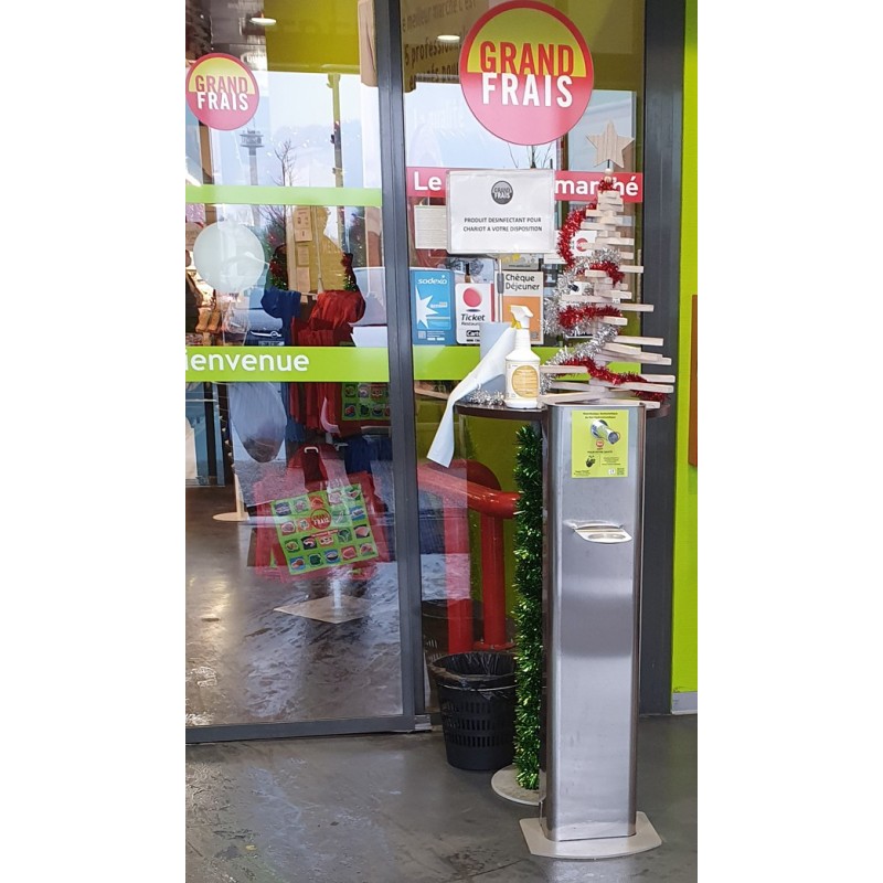Distributeur gel désinfection mains sur pieds pour magasins