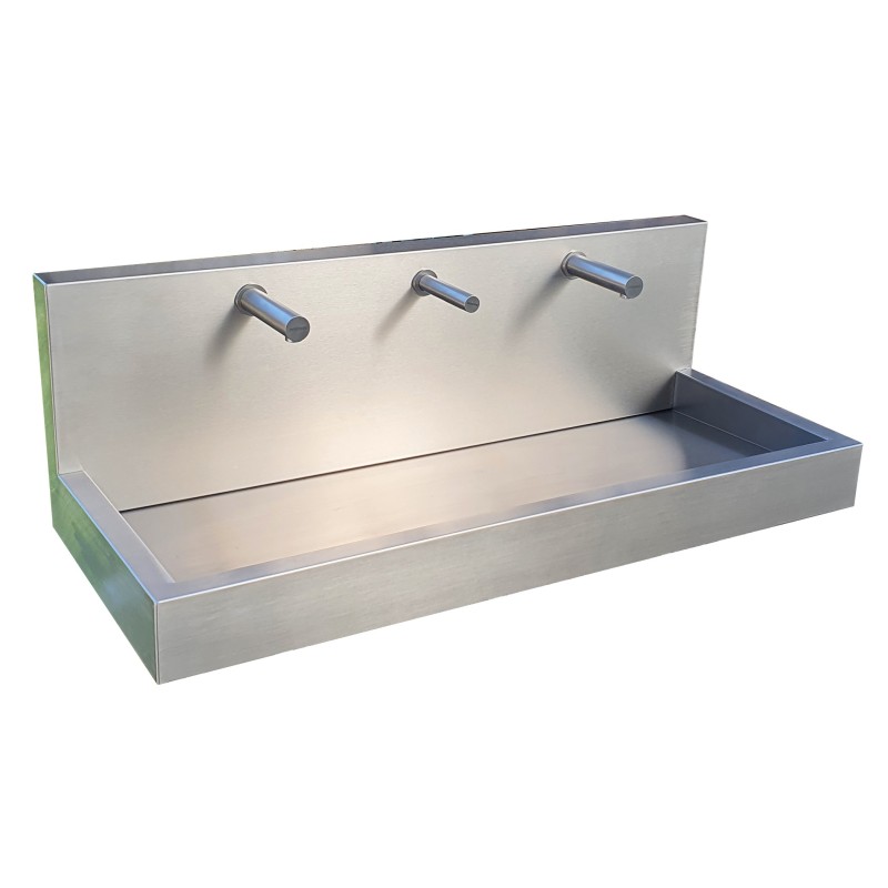 Double stainless steel wall-mounted washbasin with integrated electronic RONDEO soap and water faucet
