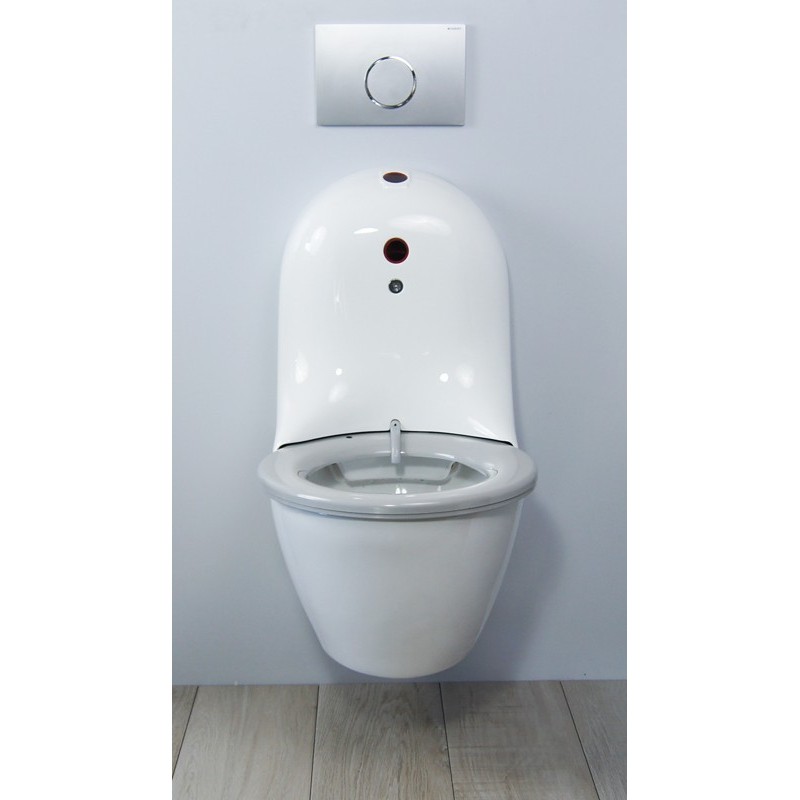 HYGISEAT rimless toilets for public restrooms with seat cleaning and automatic flush.