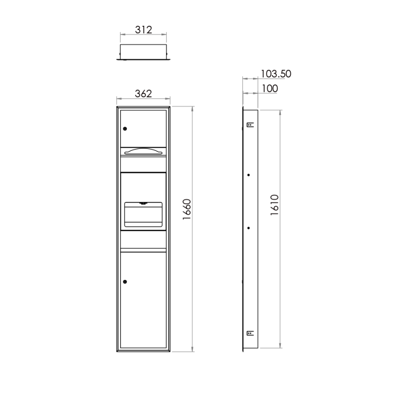 Dimensions combiné inox encastrable sèche-mains électrique, distributeur serviettes et poubelle