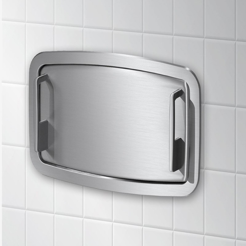 Mesa para cambiar pañales sanitaria pública horizontal plegable mural empotrada con frente de acero inoxidable Mesa para cambiar pañales sanitaria pública horizontal plegable mural empotrada con frente de acero inoxidable