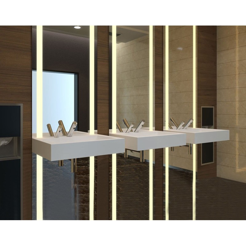 Distributeur de savon encastrable sur lavabo sans contact AKWA, avec robinet électronique design assorti.