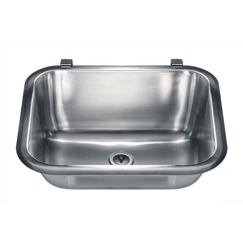 Multi-purpose stainless steel utility sink with ribbed panel and sloped drainage.