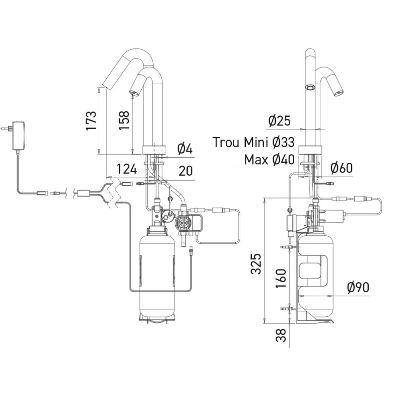 Dimensions robinet ONE 2en1 réf. RES-57