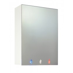 Wall-mounted cabinet with integrated soap, water, and air behind the mirror