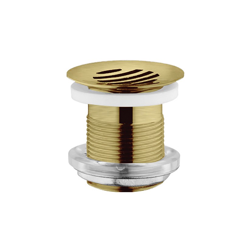 Photo Grated drain plug for vanity bowls and basins, no overflow, in PVD matte gold S-14G