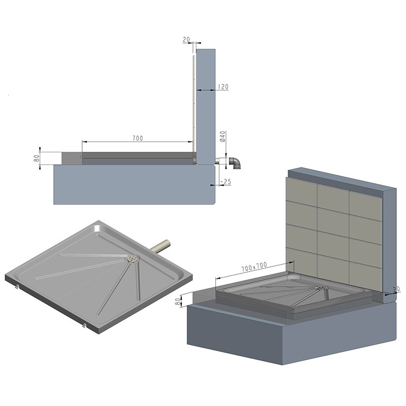 Receveur de douche antivandalisme inox, hauteur max d'encastrement 8 cm avec tube d'évacuation