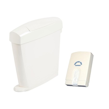 Distributeur mural de sachets hygiéniques en plastique blanc et poubelle à pédale