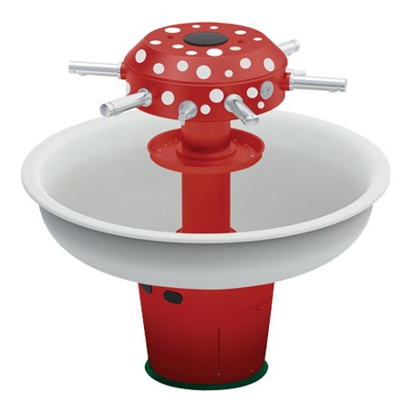 Fuente de lavado colectiva roja con lunares blancos, cubeta redonda y seis chorros de agua