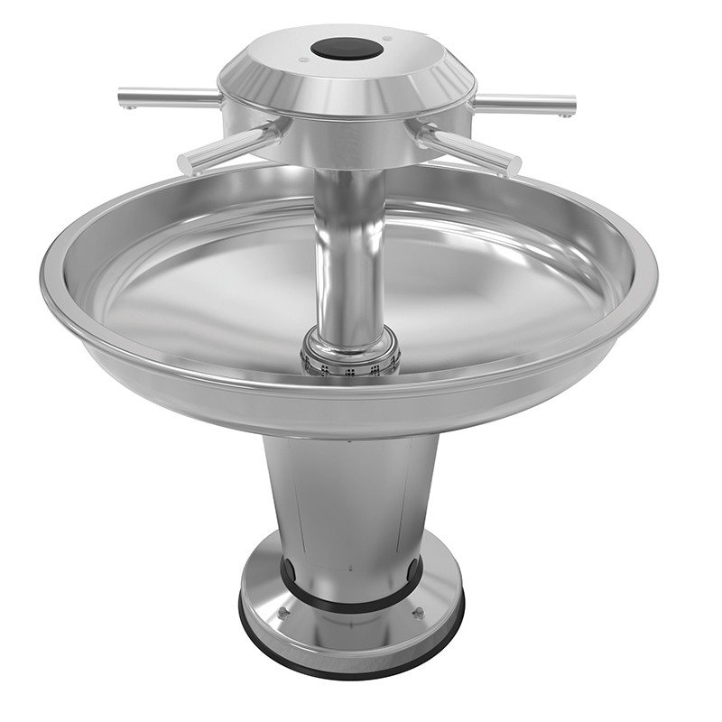 Photo Circular communal pedestal sink with 6 touch-free faucets, Ø 1130 mm, offering space-saving design and smooth circulation. LC-04-E