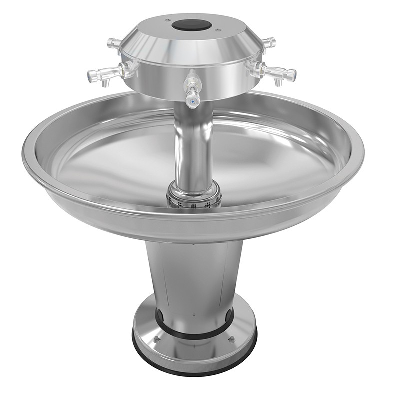 Photo Lavabo collectif circulaire inox sur pied avec 6 robinets temporisés pour usage intensif LC-04