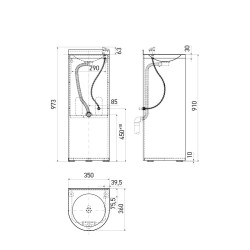 Water fountain stainless steel pedestal, front view, side profile and basin plan Water fountain stainless steel pedestal, front view, side profile and basin plan