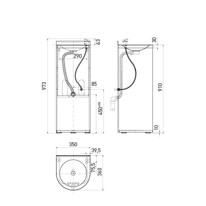 Water fountain stainless steel pedestal, front view, side profile and basin plan Water fountain stainless steel pedestal, front view, side profile and basin plan