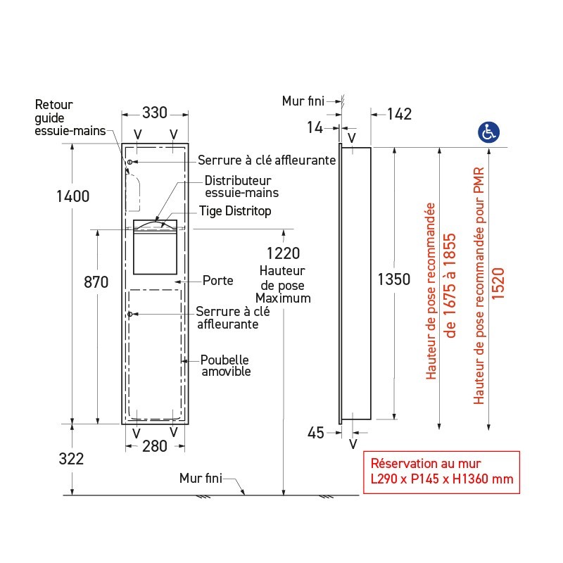 Grand combiné encastré distributeur essuie-mains et réceptacle inox
