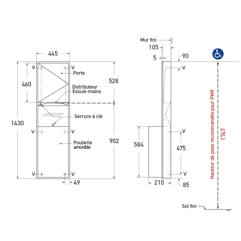 Combinado mural en superficie inox convertible dispensador de toallas y papelera - SUPRATECH